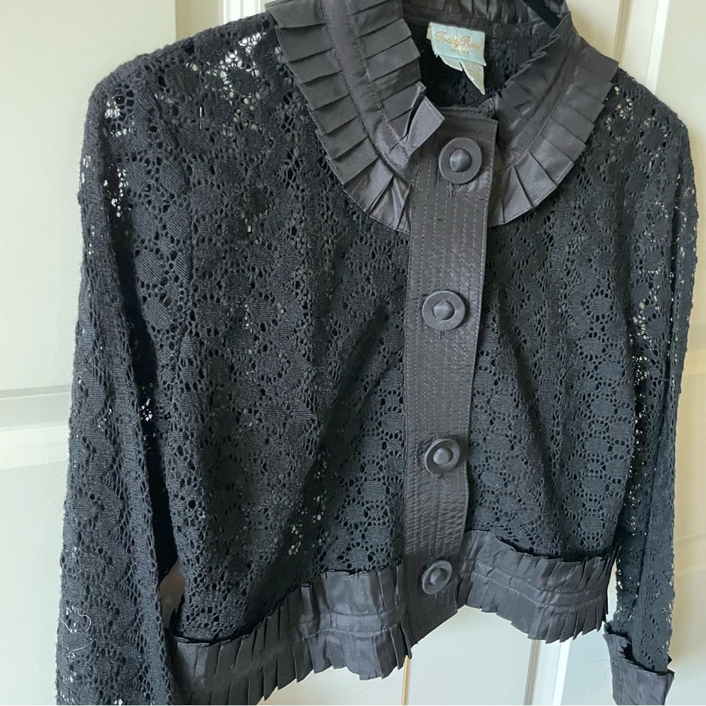Tracy Reese Black Lace Ruffle Cropped Button Front  Blazer Jacket Size Large - Picture 2 of 9